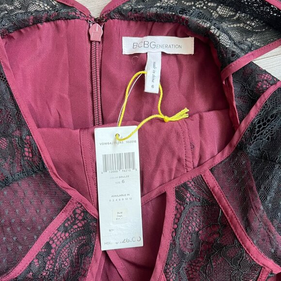 NWT BCBGeneration Burgundy Chiffon Maxi Dress Black Lace Gown Formal Size 6 - Picture 5 of 7